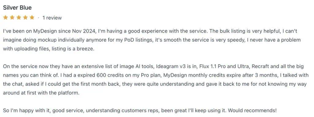 MyDesigns user review praising bulk listing and AI tools
