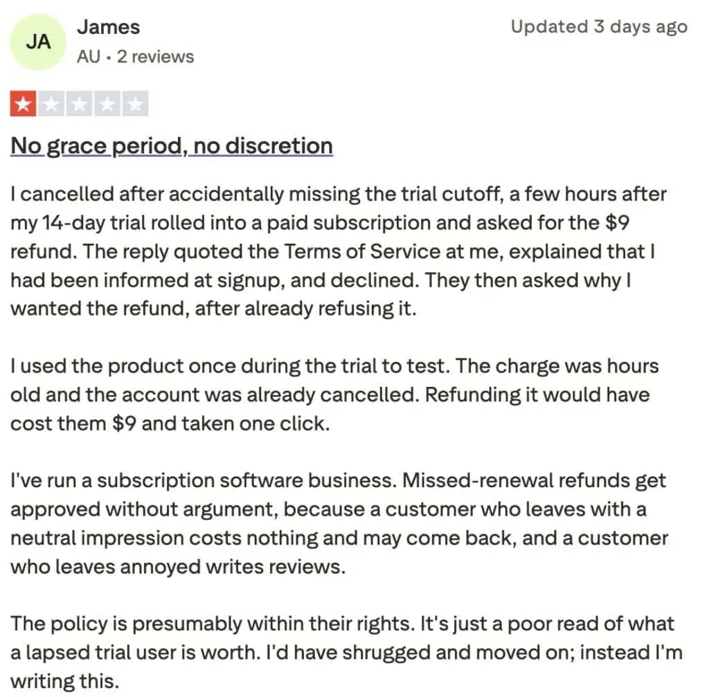 Negative review on trustpilot