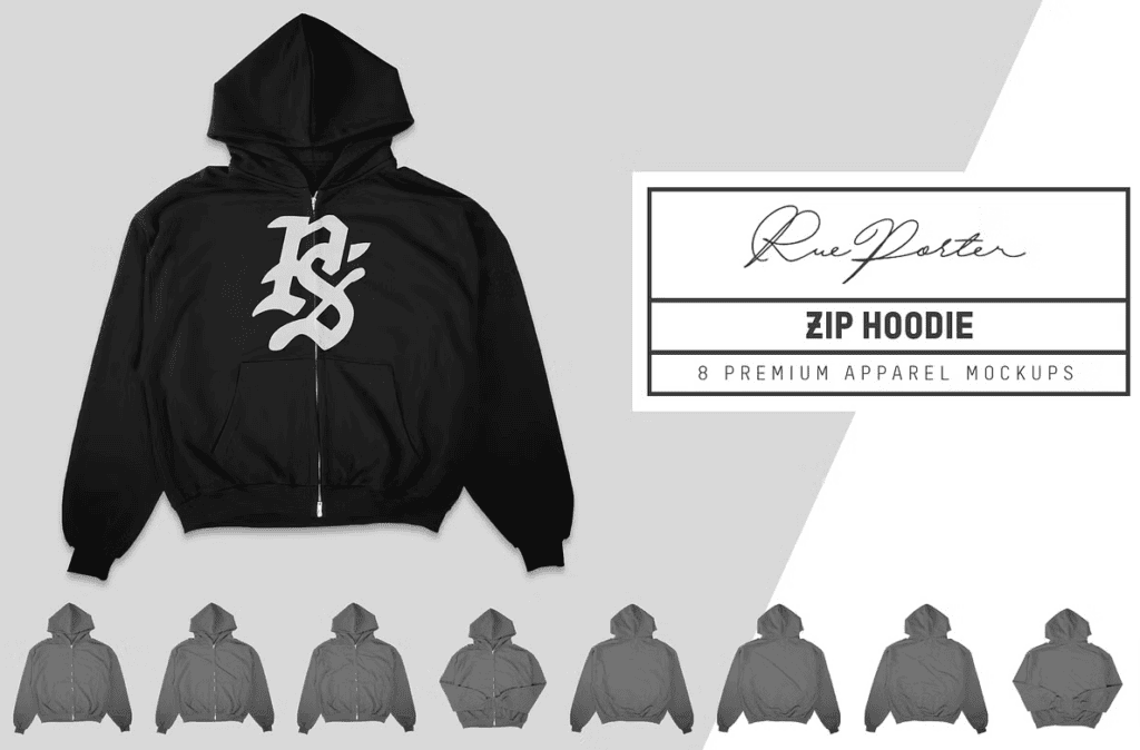 Rue Porter Zip Black Hoodie Mockups