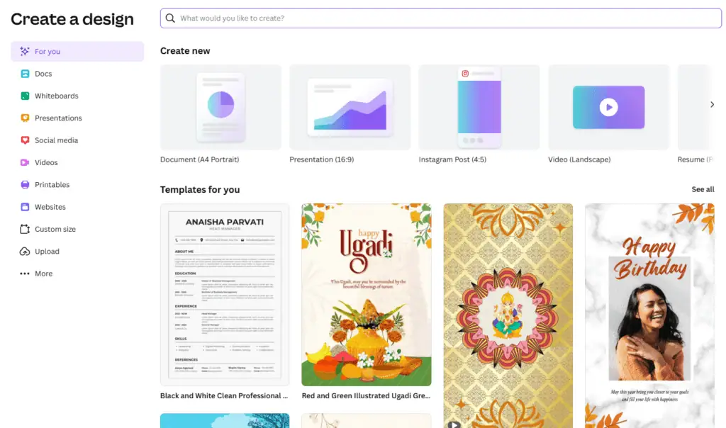Canva create a design
