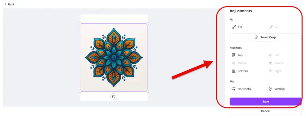 Set the design image’s position, crop, and angle. save and exit.