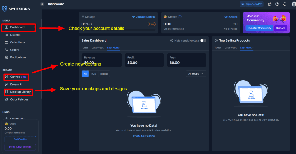 Mydesigns account dashboard