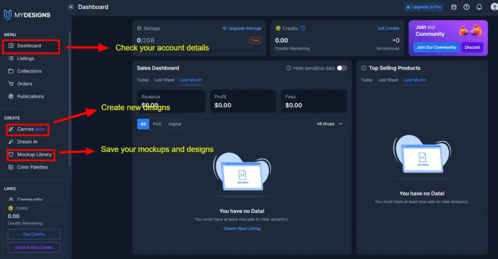 Mydesigns account dashboard