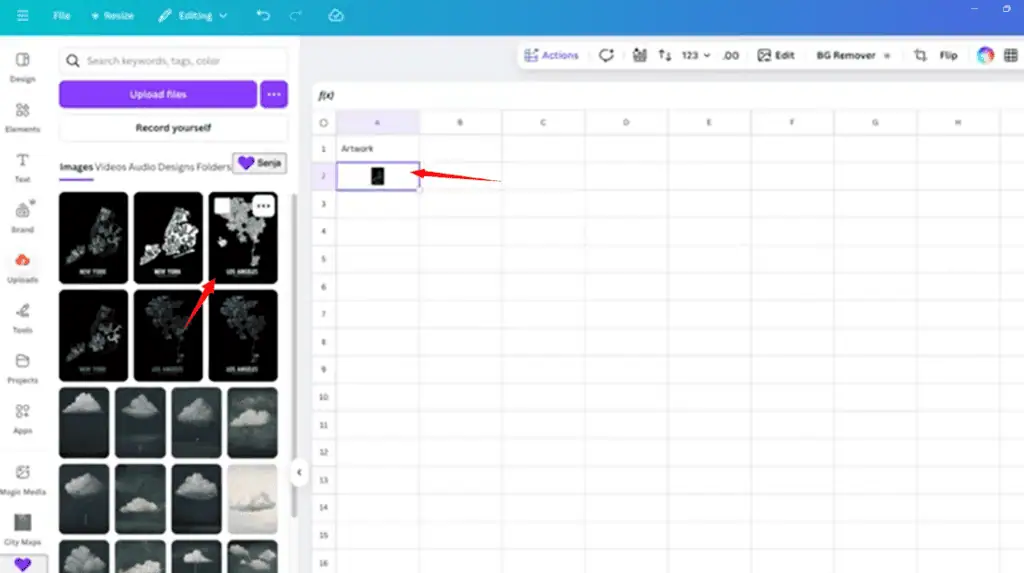 Drag one artwork into each cell under the artwork column A.