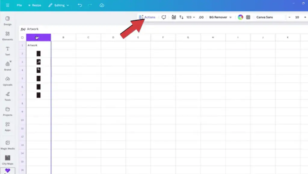 Select the entire column A and go to the top menu, click Actions