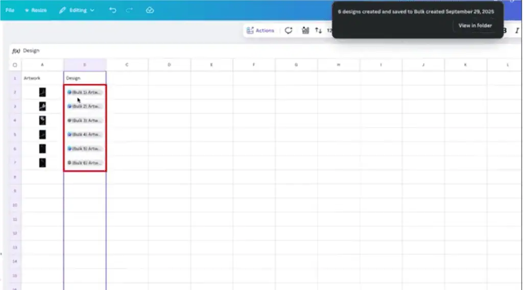 You’ll see new Canva document links appear next to each row in your sheet. 
