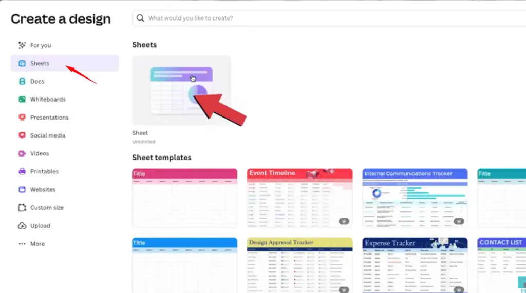 In Canva, open the left menu and click Sheets