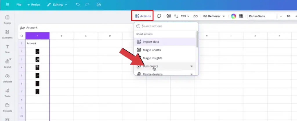 Select the entire column A and go to the top menu, click Actions.