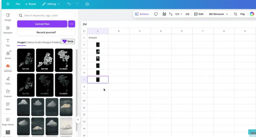 Drag one artwork into each cell under the artwork column A.