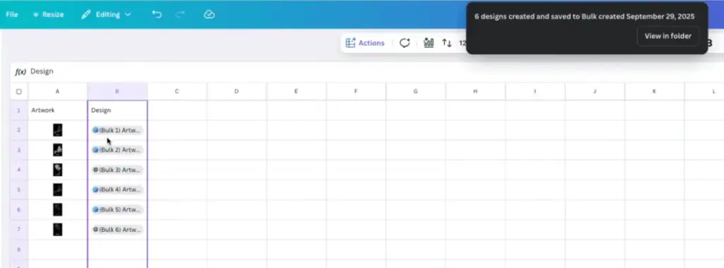 Canva document links appear next to each row in your sheet.
