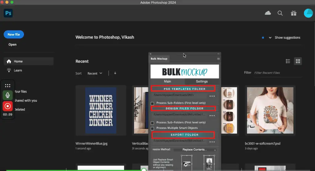 Open Photoshop and launch the Bulk Mockup plugin.
