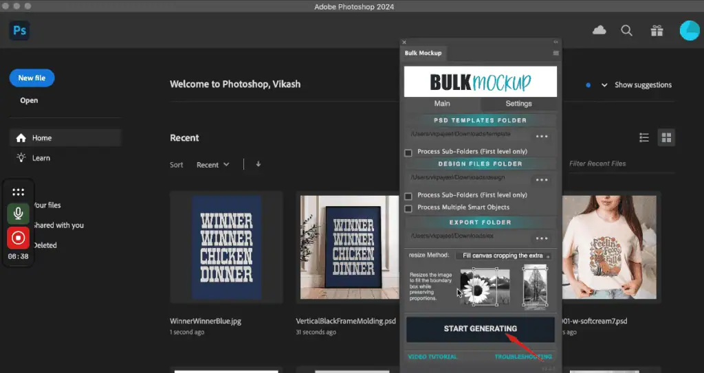 Start Generating in the plugin
