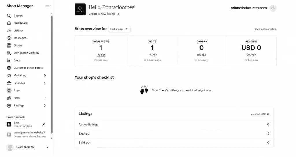 Etsy Shop Manager dashboard showing shop stats and listings