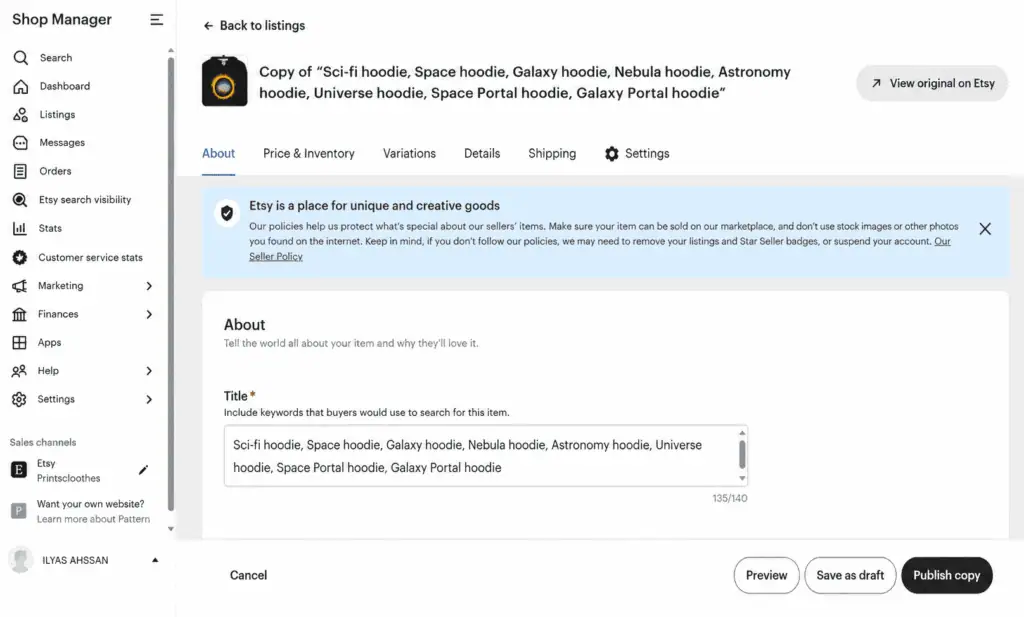 Etsy listing editor showing the title field and publish options