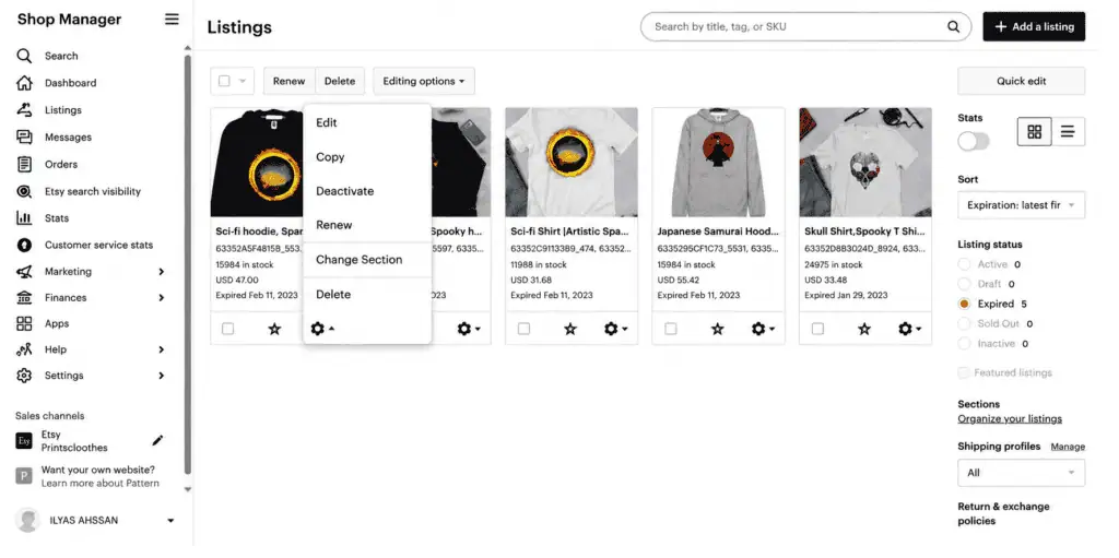 Etsy listings page showing product cards and editing options