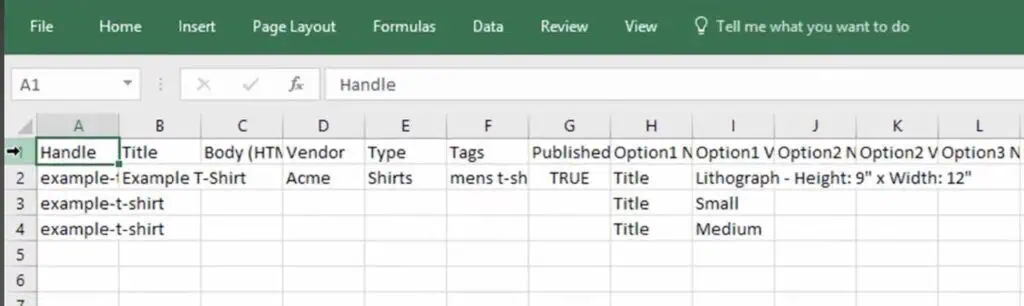 Sample of product CSV
