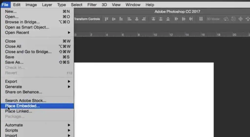 Photoshop File menu showing the Place Embedded option