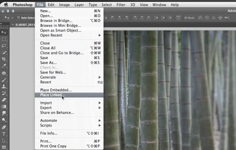 Photoshop File menu showing the Place Linked option