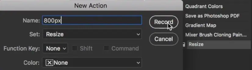 After choosing action set, click on record